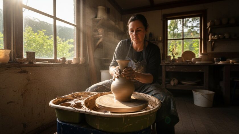 An epic moment of a local artisan in Sherbrooke, Victoria, passionately crafting a unique ceramic piece in their sunlit studio, capturing the essence of Sherbrooke Victoria authentic branding photography.