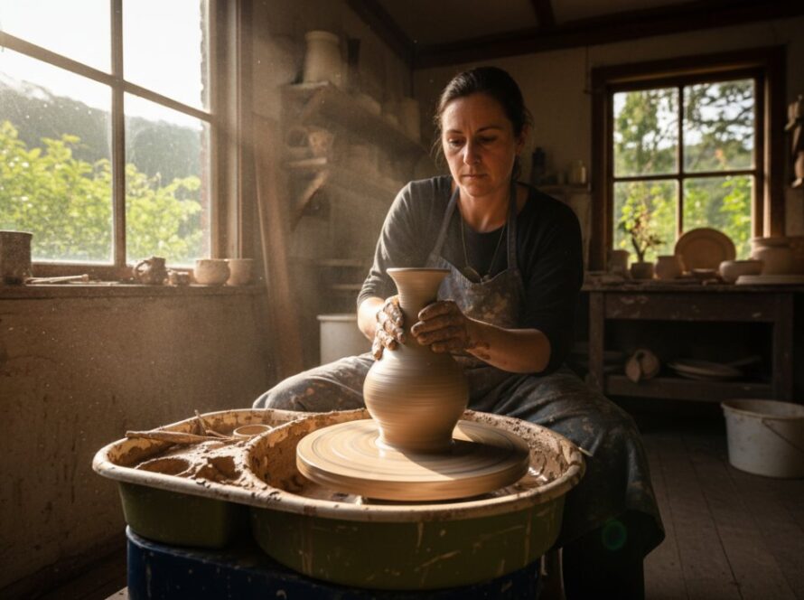 An epic moment of a local artisan in Sherbrooke, Victoria, passionately crafting a unique ceramic piece in their sunlit studio, capturing the essence of Sherbrooke Victoria authentic branding photography.