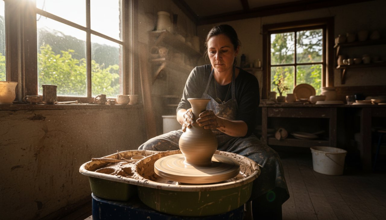 An epic moment of a local artisan in Sherbrooke, Victoria, passionately crafting a unique ceramic piece in their sunlit studio, capturing the essence of Sherbrooke Victoria authentic branding photography.