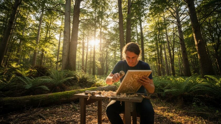 A dynamic, wide-angle shot of a local artisan in Sherbrooke, Victoria, intensely focused on their craft amidst the lush Dandenong Ranges, perfectly illustrating Sherbrooke Victoria editorial photography capturing authentic local stories.