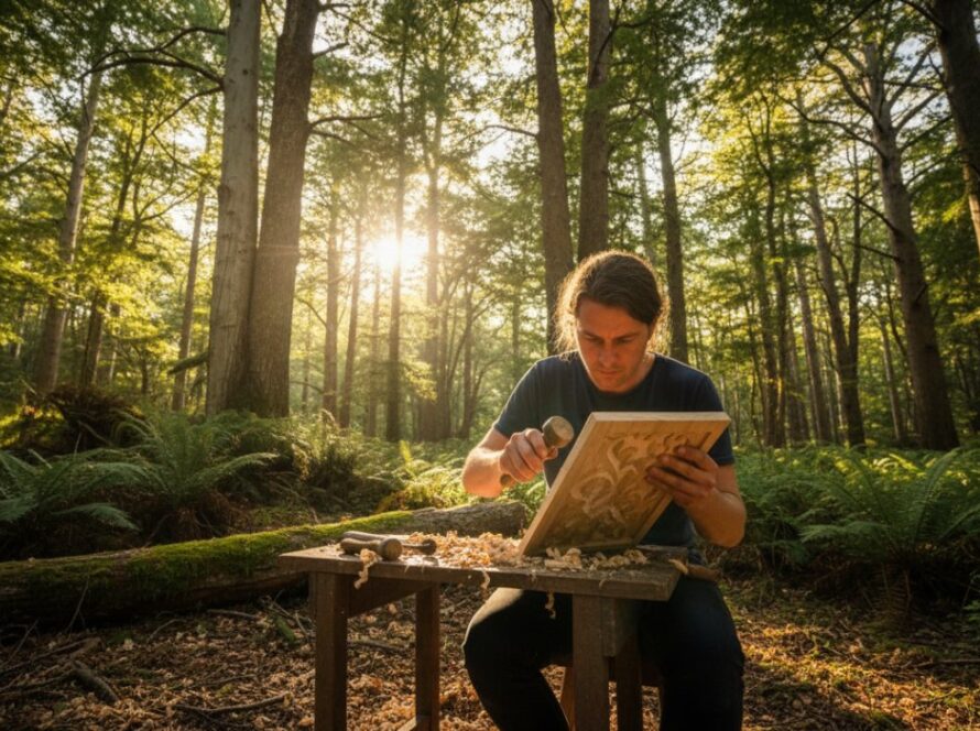 A dynamic, wide-angle shot of a local artisan in Sherbrooke, Victoria, intensely focused on their craft amidst the lush Dandenong Ranges, perfectly illustrating Sherbrooke Victoria editorial photography capturing authentic local stories.