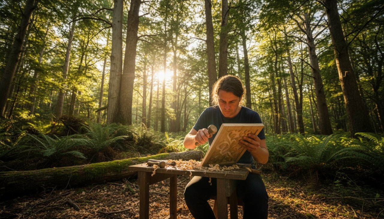 A dynamic, wide-angle shot of a local artisan in Sherbrooke, Victoria, intensely focused on their craft amidst the lush Dandenong Ranges, perfectly illustrating Sherbrooke Victoria editorial photography capturing authentic local stories.