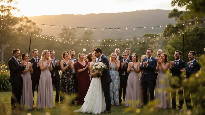 A vibrant, candid photograph capturing the pure joy of guests dancing under fairy lights at a garden wedding in Sherbrooke, Victoria, perfectly illustrating Sherbrooke Victoria event photography unforgettable moments. The bride and groom are laughing in the foreground, surrounded by friends, with lush Dandenong Ranges greenery in the background.