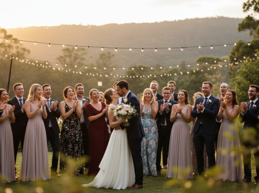 A vibrant, candid photograph capturing the pure joy of guests dancing under fairy lights at a garden wedding in Sherbrooke, Victoria, perfectly illustrating Sherbrooke Victoria event photography unforgettable moments. The bride and groom are laughing in the foreground, surrounded by friends, with lush Dandenong Ranges greenery in the background.