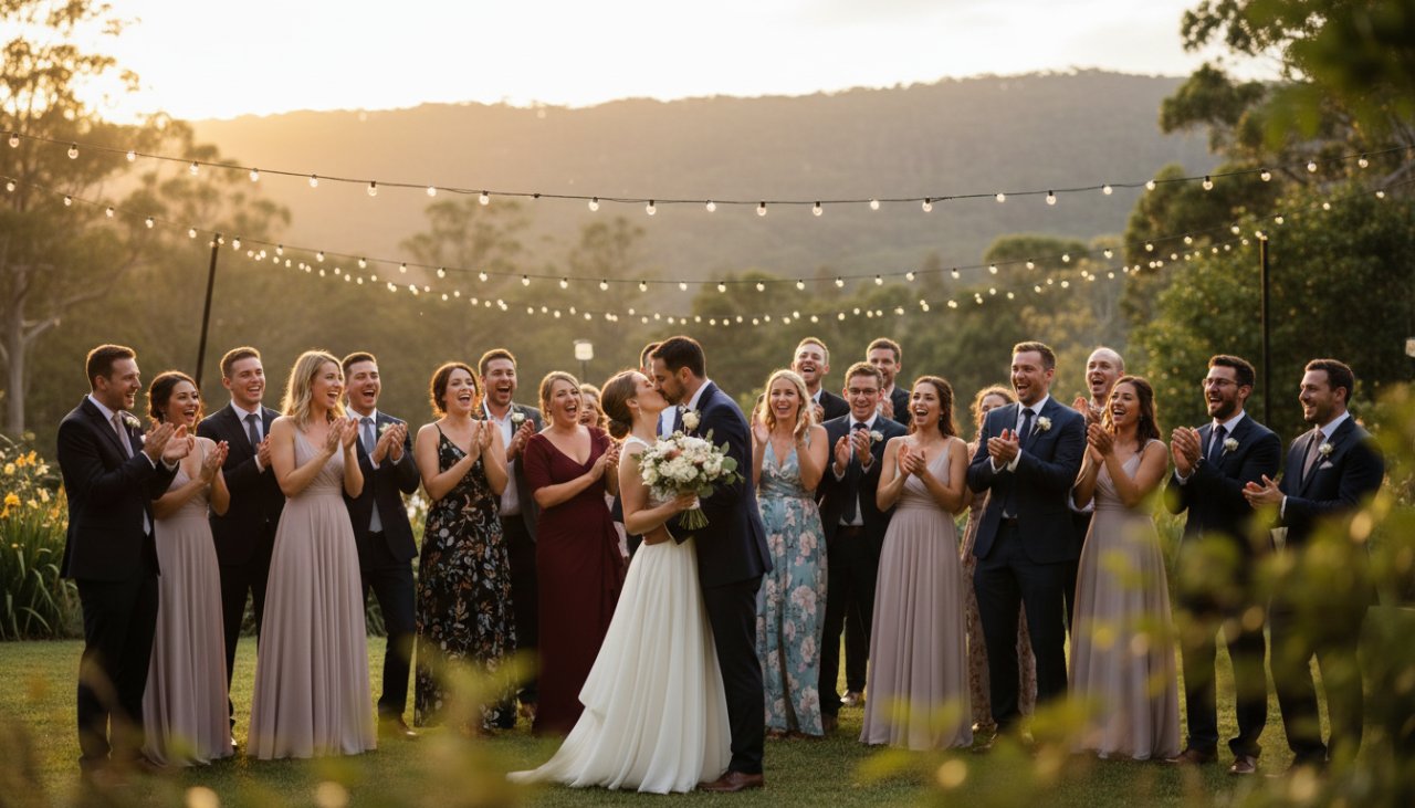 A vibrant, candid photograph capturing the pure joy of guests dancing under fairy lights at a garden wedding in Sherbrooke, Victoria, perfectly illustrating Sherbrooke Victoria event photography unforgettable moments. The bride and groom are laughing in the foreground, surrounded by friends, with lush Dandenong Ranges greenery in the background.