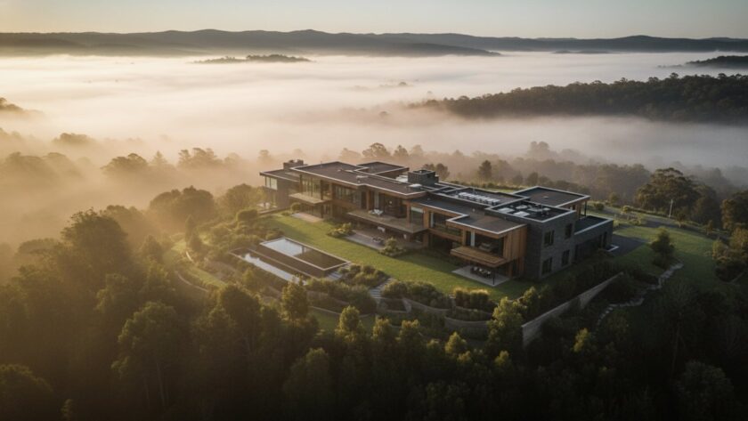An epic aerial view of a grand luxury home nestled amongst the lush, misty Dandenong Ranges in Sherbrooke, Victoria, showcasing impeccable landscape architecture at sunrise, expertly captured by a Sherbrooke Victoria luxury home photography specialist.