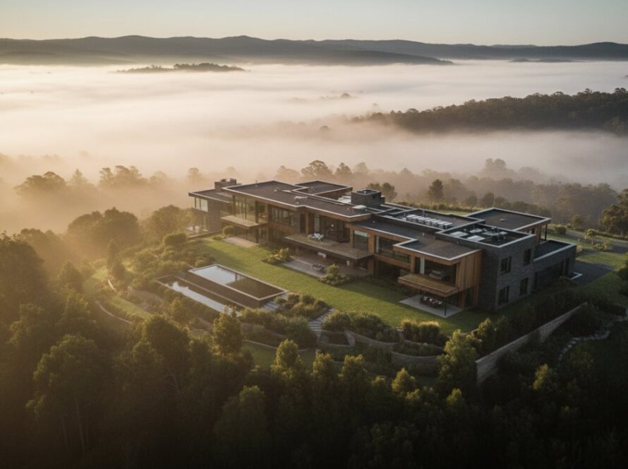 An epic aerial view of a grand luxury home nestled amongst the lush, misty Dandenong Ranges in Sherbrooke, Victoria, showcasing impeccable landscape architecture at sunrise, expertly captured by a Sherbrooke Victoria luxury home photography specialist.