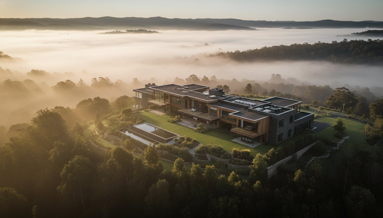 An epic aerial view of a grand luxury home nestled amongst the lush, misty Dandenong Ranges in Sherbrooke, Victoria, showcasing impeccable landscape architecture at sunrise, expertly captured by a Sherbrooke Victoria luxury home photography specialist.