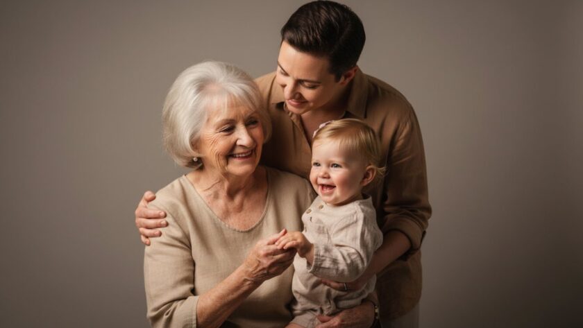 A captivating black and white studio portrait capturing an emotionally resonant family moment during a Sherbrooke Victoria portrait studio experience, with soft, dramatic lighting highlighting the genuine connection between generations, against a minimalist backdrop.