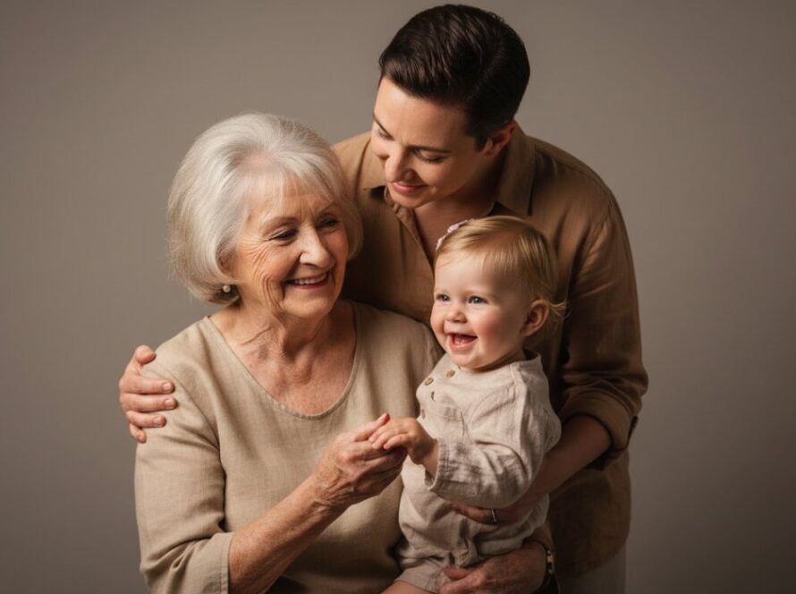 A captivating black and white studio portrait capturing an emotionally resonant family moment during a Sherbrooke Victoria portrait studio experience, with soft, dramatic lighting highlighting the genuine connection between generations, against a minimalist backdrop.