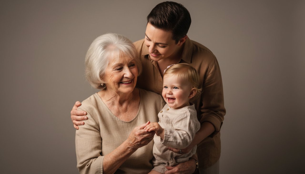 A captivating black and white studio portrait capturing an emotionally resonant family moment during a Sherbrooke Victoria portrait studio experience, with soft, dramatic lighting highlighting the genuine connection between generations, against a minimalist backdrop.