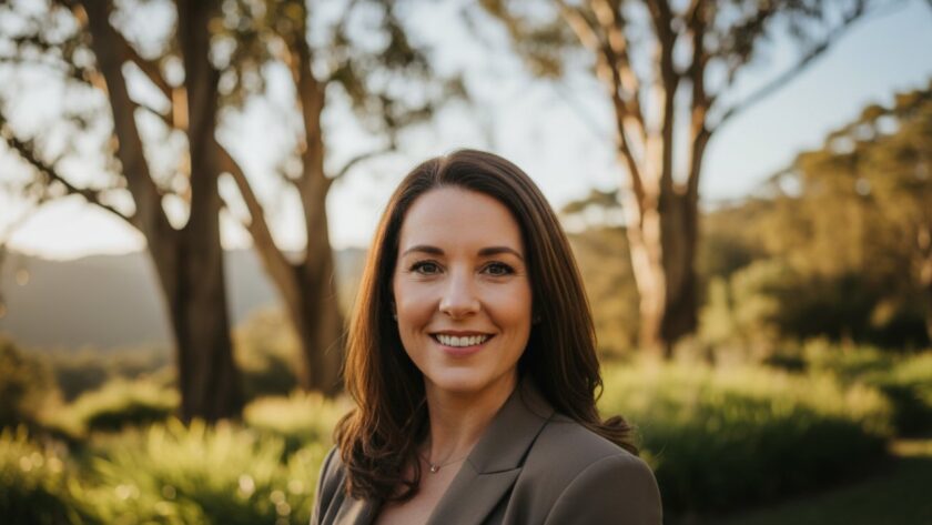 A confident executive, a woman in her late 30s, smiling genuinely, is captured in an 'epic moment' professional headshot. She is posed outdoors in Sherbrooke, Victoria, with the soft, dappled afternoon natural light filtering through tall, ancient eucalyptus trees in the background, hinting at the lush Dandenong Ranges. The focus is sharp on her engaging face, with a subtle bokeh effect on the native Australian flora. This Sherbrooke Victoria Professional Headshots for Executive Branding image conveys approachability and strong leadership.