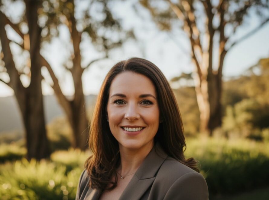 A confident executive, a woman in her late 30s, smiling genuinely, is captured in an 'epic moment' professional headshot. She is posed outdoors in Sherbrooke, Victoria, with the soft, dappled afternoon natural light filtering through tall, ancient eucalyptus trees in the background, hinting at the lush Dandenong Ranges. The focus is sharp on her engaging face, with a subtle bokeh effect on the native Australian flora. This Sherbrooke Victoria Professional Headshots for Executive Branding image conveys approachability and strong leadership.