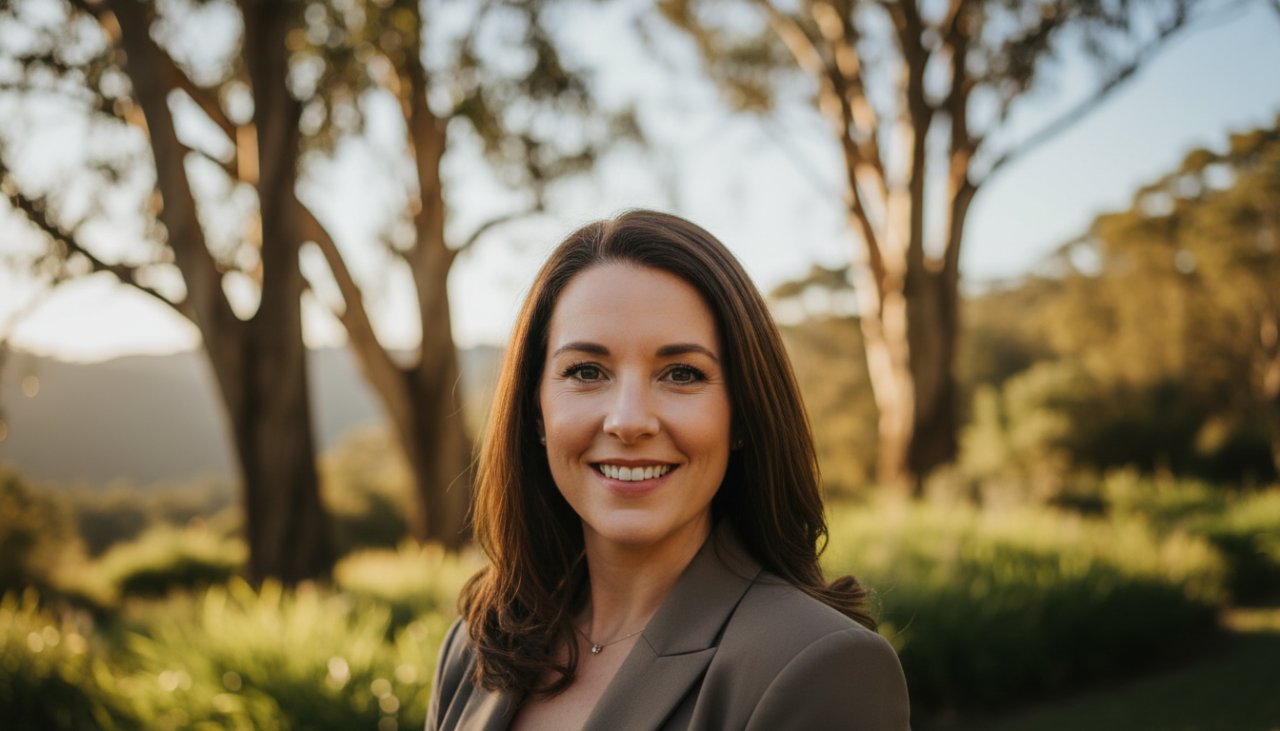A confident executive, a woman in her late 30s, smiling genuinely, is captured in an 'epic moment' professional headshot. She is posed outdoors in Sherbrooke, Victoria, with the soft, dappled afternoon natural light filtering through tall, ancient eucalyptus trees in the background, hinting at the lush Dandenong Ranges. The focus is sharp on her engaging face, with a subtle bokeh effect on the native Australian flora. This Sherbrooke Victoria Professional Headshots for Executive Branding image conveys approachability and strong leadership.