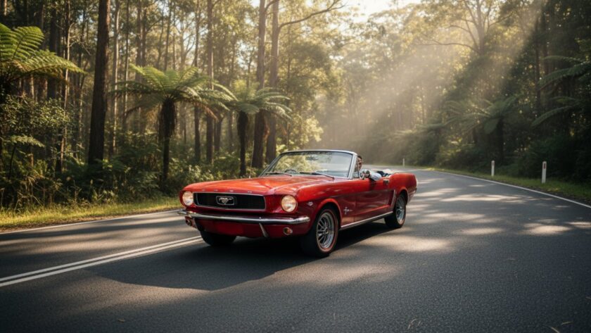 A stunning cinematic photograph capturing a classic red convertible during a Sherbrooke vintage car photoshoot Dandenongs, parked dramatically on a winding road with the sun setting behind the Dandenong Ranges, evoking freedom and timeless elegance.