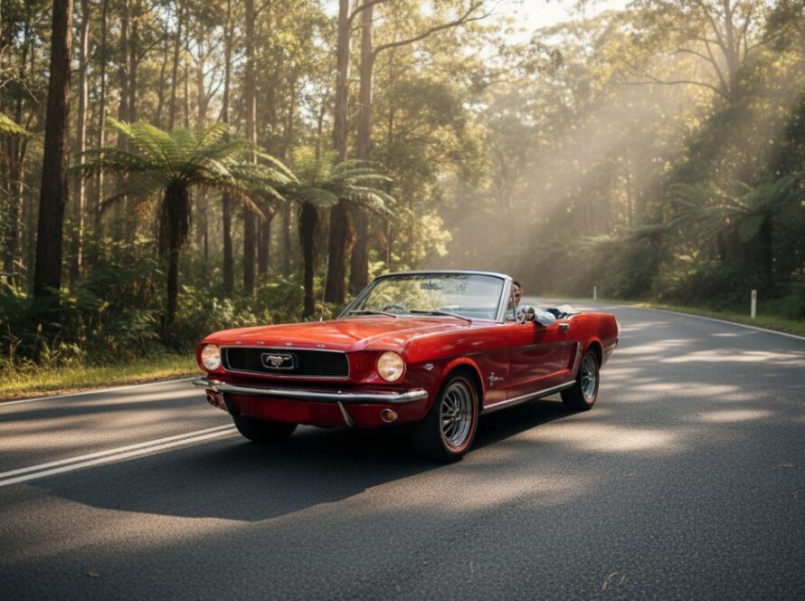 A stunning cinematic photograph capturing a classic red convertible during a Sherbrooke vintage car photoshoot Dandenongs, parked dramatically on a winding road with the sun setting behind the Dandenong Ranges, evoking freedom and timeless elegance.