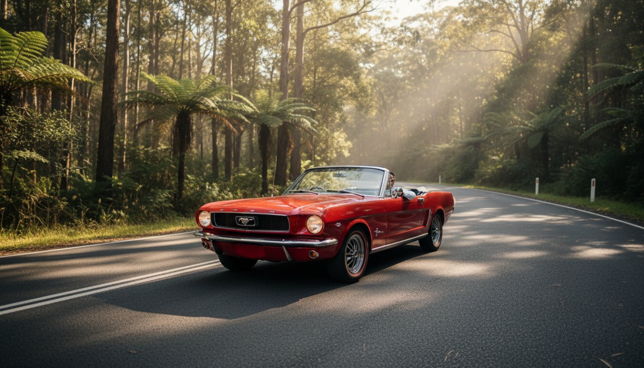 A stunning cinematic photograph capturing a classic red convertible during a Sherbrooke vintage car photoshoot Dandenongs, parked dramatically on a winding road with the sun setting behind the Dandenong Ranges, evoking freedom and timeless elegance.