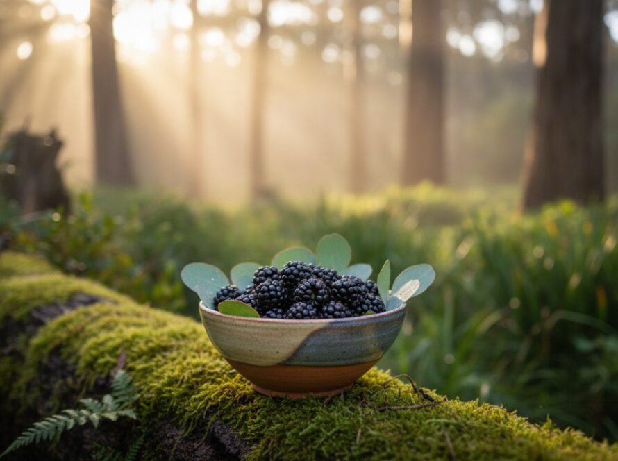 An artistic close-up photograph showcasing local Clematis artisan products photography, featuring a handcrafted ceramic mug filled with steaming tea amidst a serene, misty Clematis forest backdrop at sunrise, highlighting intricate details and natural textures with soft, warm light.