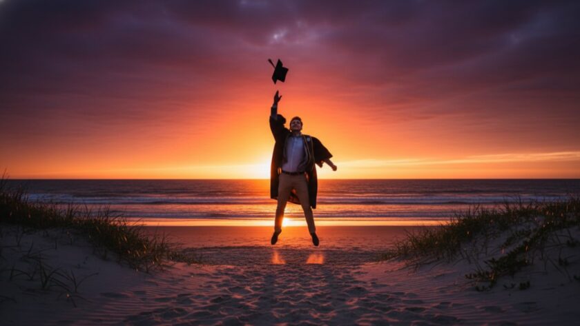 A joyous university graduate in a cap and gown, framed by the golden light of sunset on Somers Beach, Victoria, celebrating their achievement with dynamic Somers Beach Graduation Photography, ocean waves in the background, a feeling of triumph and serene beauty.