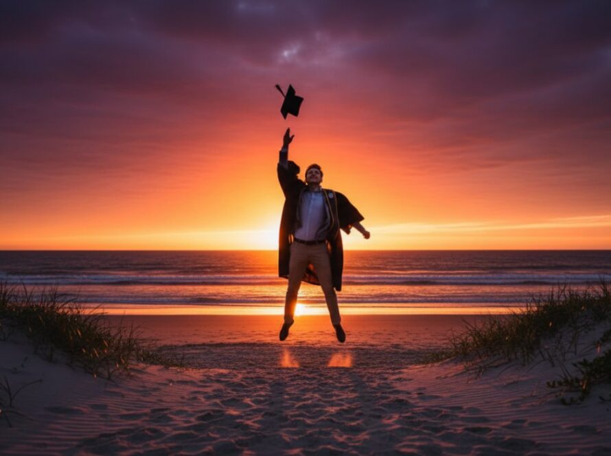 A joyous university graduate in a cap and gown, framed by the golden light of sunset on Somers Beach, Victoria, celebrating their achievement with dynamic Somers Beach Graduation Photography, ocean waves in the background, a feeling of triumph and serene beauty.