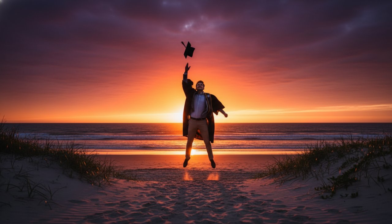 A joyous university graduate in a cap and gown, framed by the golden light of sunset on Somers Beach, Victoria, celebrating their achievement with dynamic Somers Beach Graduation Photography, ocean waves in the background, a feeling of triumph and serene beauty.