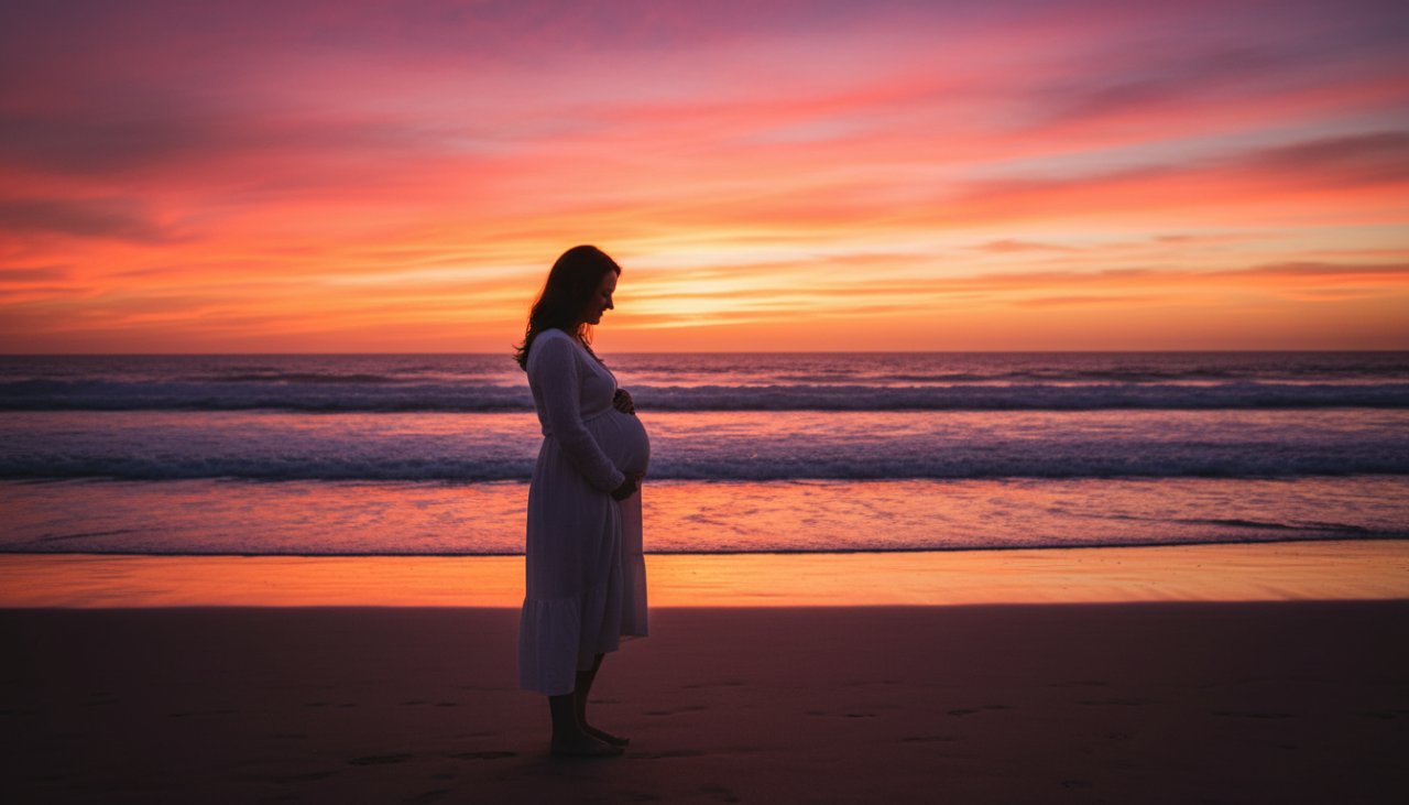 A glowing expectant mother stands silhouetted against a dramatic sunset on Somers beach, Victoria, during her Somers beach maternity photoshoot Victoria, capturing an epic, ethereal moment with the ocean waves gently lapping at her feet and the sky painted in fiery oranges and purples.
