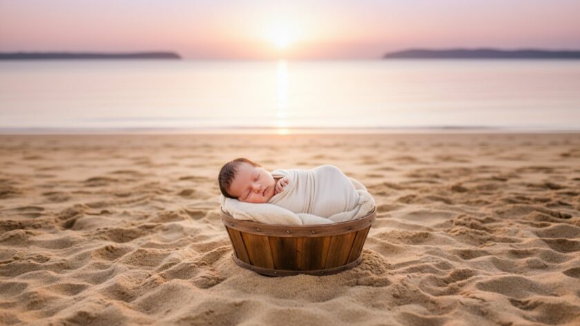 An epic moment captured in Somers beach newborn photography natural light, featuring a sleeping baby gently nestled in a soft blanket on the sandy shore at sunrise, with soft, golden light illuminating their tiny features and the serene ocean in the background, showcasing warmth and tenderness.