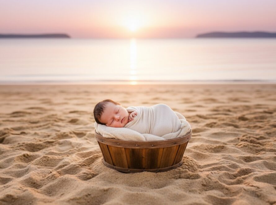 An epic moment captured in Somers beach newborn photography natural light, featuring a sleeping baby gently nestled in a soft blanket on the sandy shore at sunrise, with soft, golden light illuminating their tiny features and the serene ocean in the background, showcasing warmth and tenderness.