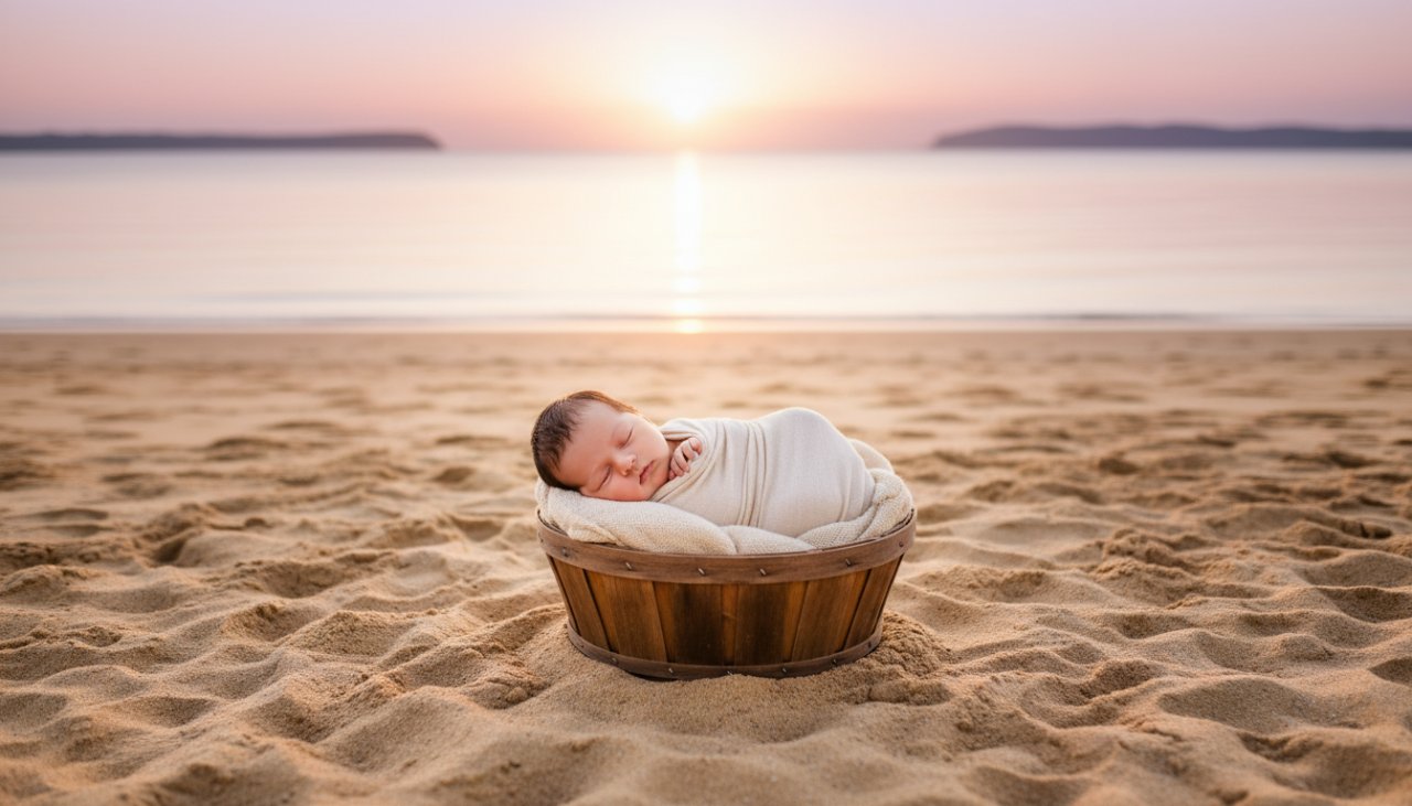 An epic moment captured in Somers beach newborn photography natural light, featuring a sleeping baby gently nestled in a soft blanket on the sandy shore at sunrise, with soft, golden light illuminating their tiny features and the serene ocean in the background, showcasing warmth and tenderness.
