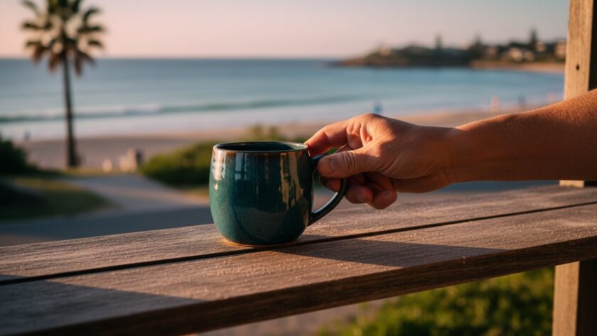 An evocative close-up of handcrafted ceramic ware, bathed in golden hour light on a weathered timber deck overlooking the serene Somers beach at sunset, embodying expert Somers Coastal Product Photography for Local Artisans.