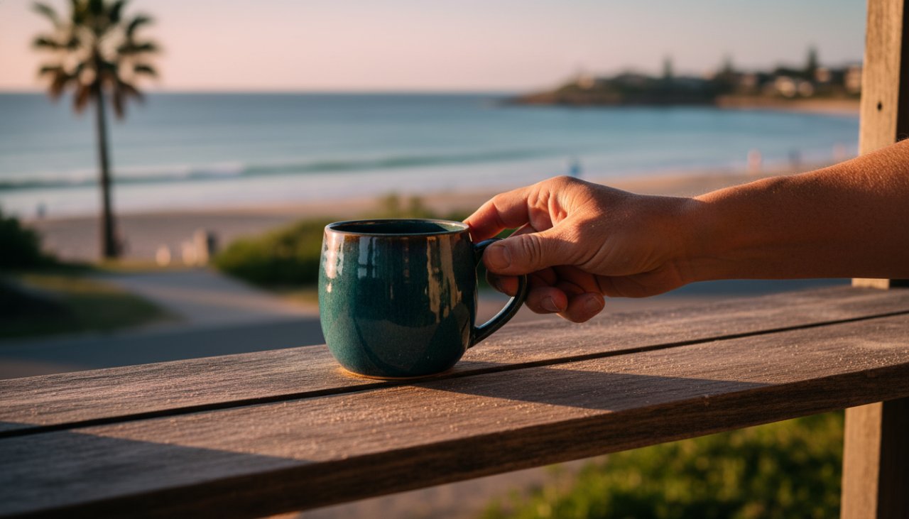 An evocative close-up of handcrafted ceramic ware, bathed in golden hour light on a weathered timber deck overlooking the serene Somers beach at sunset, embodying expert Somers Coastal Product Photography for Local Artisans.