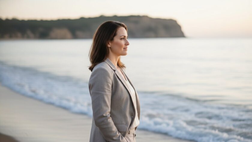 An inspiring Somers coastal professional headshot featuring a confident individual gazing towards the horizon, framed by the dramatic morning light over the pristine beach, capturing an epic moment of serene strength.