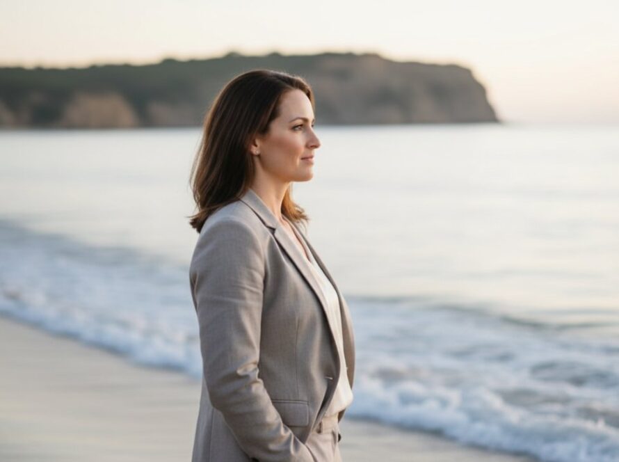 An inspiring Somers coastal professional headshot featuring a confident individual gazing towards the horizon, framed by the dramatic morning light over the pristine beach, capturing an epic moment of serene strength.