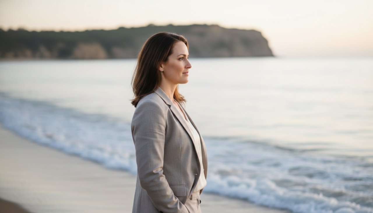 An inspiring Somers coastal professional headshot featuring a confident individual gazing towards the horizon, framed by the dramatic morning light over the pristine beach, capturing an epic moment of serene strength.