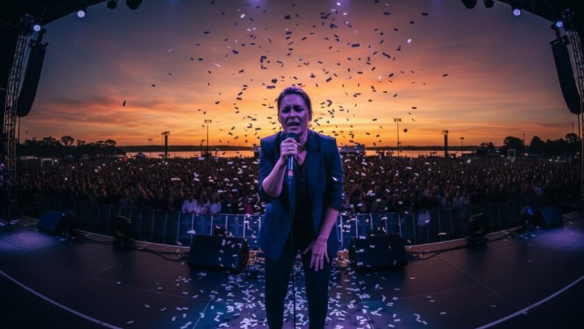 Dynamic wide shot capturing Somers Live Music Photography Expertise in action, with a lead guitarist in mid-solo, dramatic stage lights illuminating the energetic crowd at a Somers beachside venue, showcasing an epic concert moment.