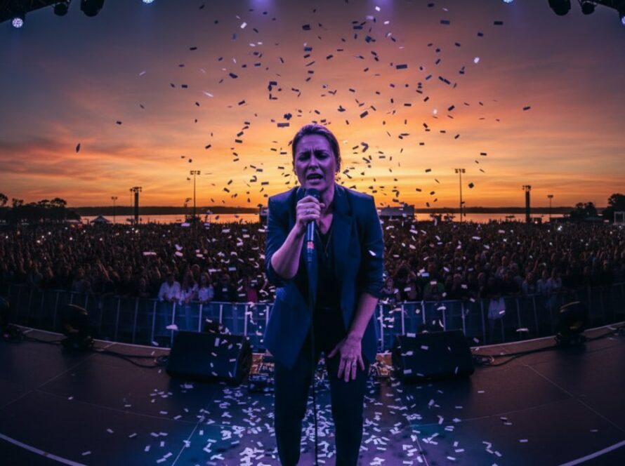 Dynamic wide shot capturing Somers Live Music Photography Expertise in action, with a lead guitarist in mid-solo, dramatic stage lights illuminating the energetic crowd at a Somers beachside venue, showcasing an epic concert moment.