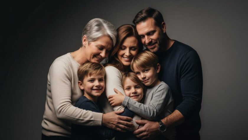 An emotionally resonant, professional photograph showcasing Somers studio photography for coastal family portraits, with a family embracing, bathed in dramatic, soft light, highlighting their connection.