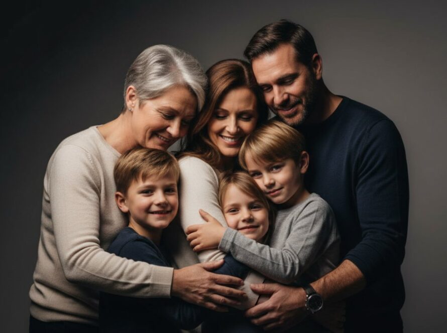 An emotionally resonant, professional photograph showcasing Somers studio photography for coastal family portraits, with a family embracing, bathed in dramatic, soft light, highlighting their connection.