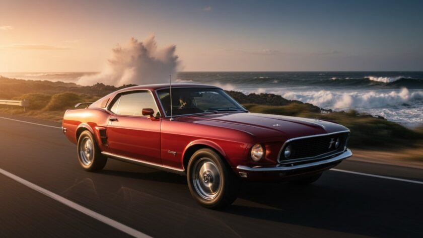 A dramatic low-angle shot capturing a sleek vintage convertible during a Somers Victoria classic car photography scenic drive, bathed in golden hour light as it cruises along a coastal road with waves crashing in the background, conveying an epic moment of automotive elegance.