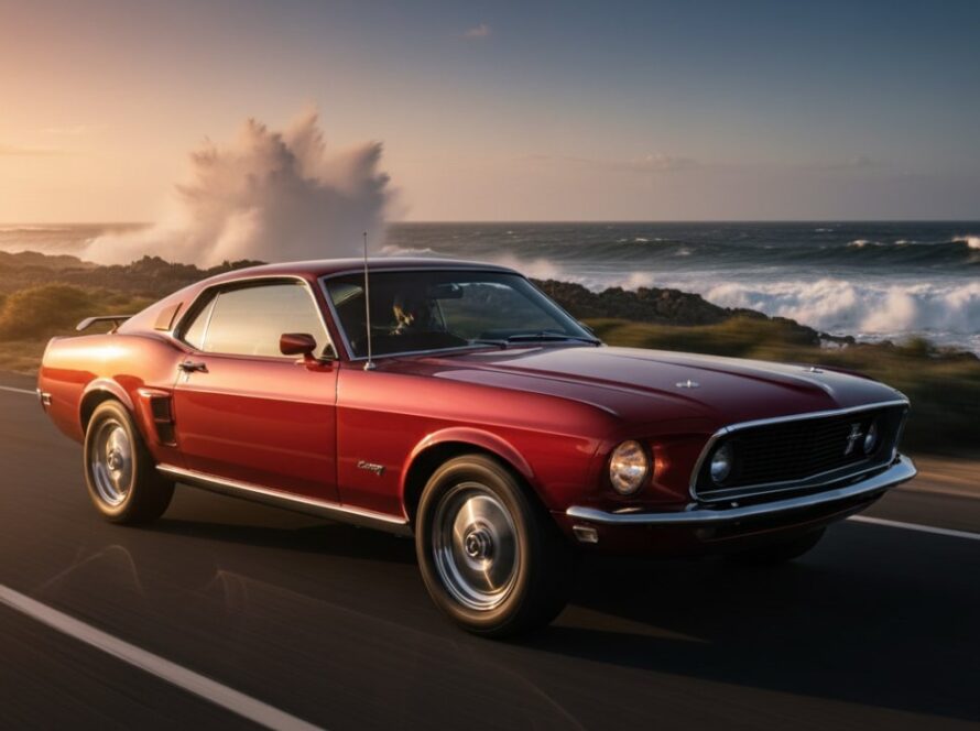 A dramatic low-angle shot capturing a sleek vintage convertible during a Somers Victoria classic car photography scenic drive, bathed in golden hour light as it cruises along a coastal road with waves crashing in the background, conveying an epic moment of automotive elegance.