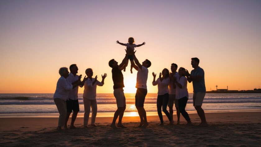 An emotionally resonant, wide-angle professional photograph capturing an 'epic moment' of a joyous family celebrating an event on the golden sands of Somers Beach at sunset, with children laughing and adults embracing, showcasing expert Somers Victoria coastal event photography.