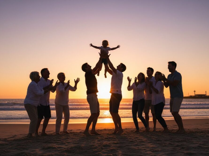 An emotionally resonant, wide-angle professional photograph capturing an 'epic moment' of a joyous family celebrating an event on the golden sands of Somers Beach at sunset, with children laughing and adults embracing, showcasing expert Somers Victoria coastal event photography.