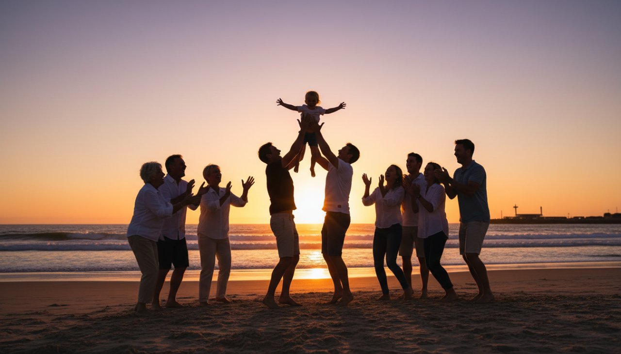 An emotionally resonant, wide-angle professional photograph capturing an 'epic moment' of a joyous family celebrating an event on the golden sands of Somers Beach at sunset, with children laughing and adults embracing, showcasing expert Somers Victoria coastal event photography.