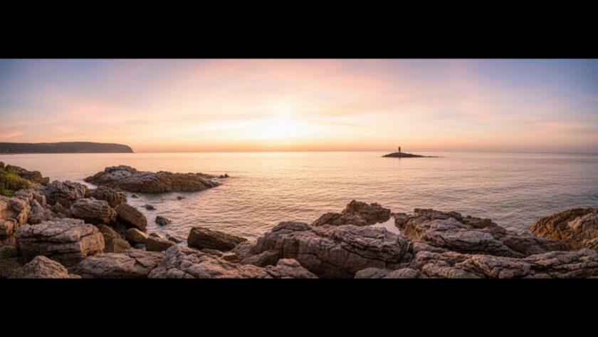 An epic, panoramic fine art coastal landscape photography shot showcasing a dramatic sunrise over the Somers foreshore, Victoria. Golden light bathes rugged rocks and calm, reflective water, with a lone figure contemplating the vast ocean.