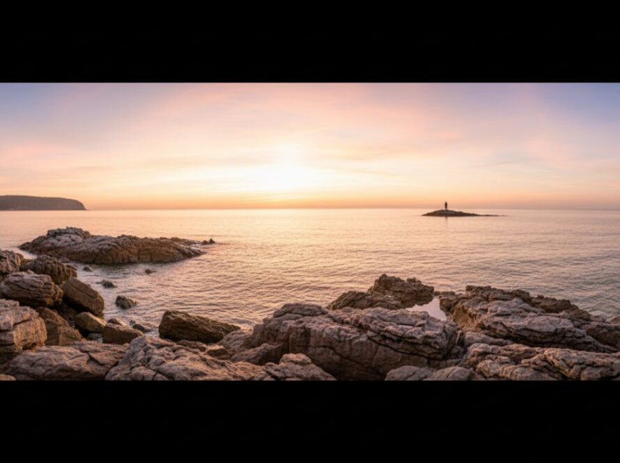 An epic, panoramic fine art coastal landscape photography shot showcasing a dramatic sunrise over the Somers foreshore, Victoria. Golden light bathes rugged rocks and calm, reflective water, with a lone figure contemplating the vast ocean.