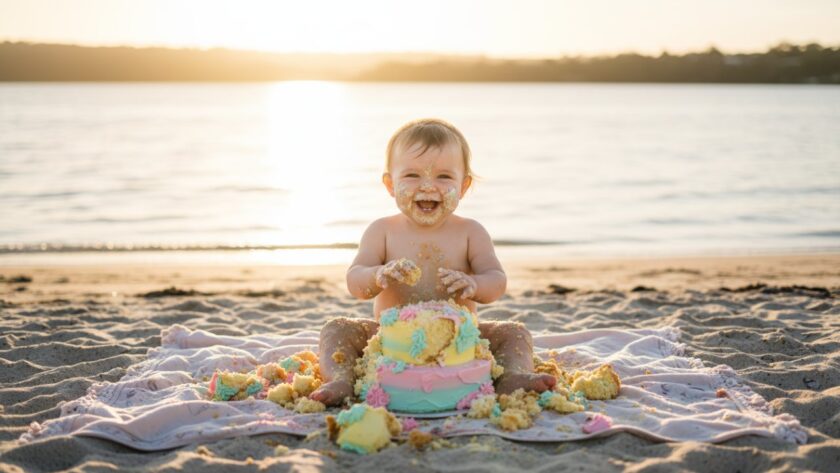 An epic moment captured during a Somers Victoria first birthday cake smash photography session, featuring a joyous baby covered in cake, with a golden sunset over the Somers beach coastline in the background, professional cinematic lighting.