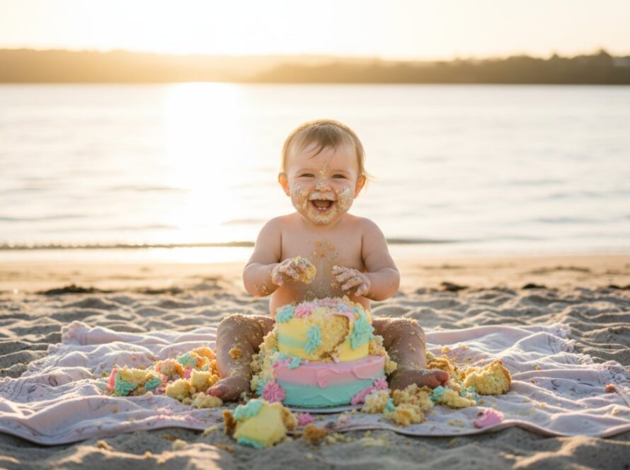 An epic moment captured during a Somers Victoria first birthday cake smash photography session, featuring a joyous baby covered in cake, with a golden sunset over the Somers beach coastline in the background, professional cinematic lighting.