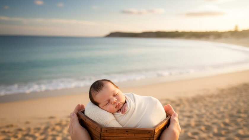 An emotionally poignant and beautifully lit photograph capturing Somers Victoria heartwarming newborn photography, showing a tiny baby's feet gently cradled by parents' hands against a soft, sun-drenched coastal backdrop of Somers.