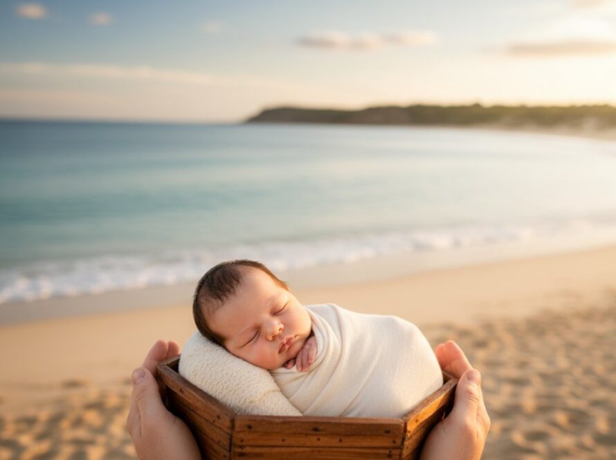 An emotionally poignant and beautifully lit photograph capturing Somers Victoria heartwarming newborn photography, showing a tiny baby's feet gently cradled by parents' hands against a soft, sun-drenched coastal backdrop of Somers.
