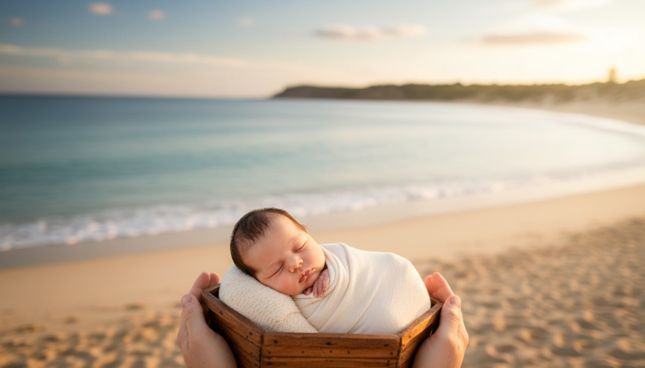 An emotionally poignant and beautifully lit photograph capturing Somers Victoria heartwarming newborn photography, showing a tiny baby's feet gently cradled by parents' hands against a soft, sun-drenched coastal backdrop of Somers.